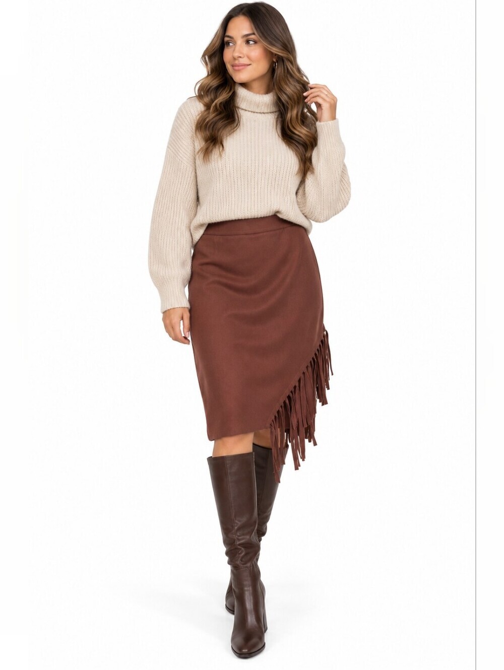 Women's Cupio Blush Brown XL Asymmetrical Fringe Knit Skirt